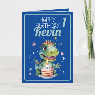 Carte Cute Blue et vert Dinosaur Garçon 1er anniversaire