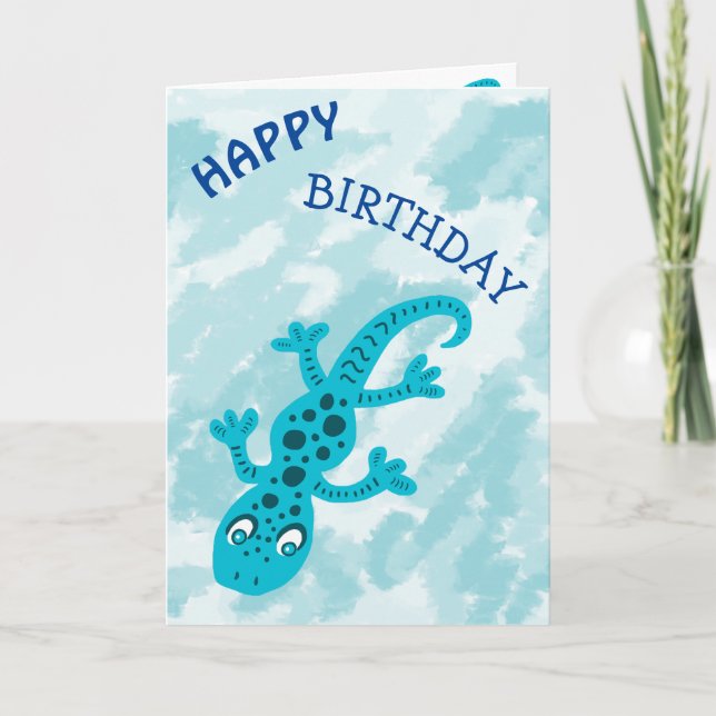 Carte Cute Blue Lizard Gecko on Blue Happy Birthday (Devant)