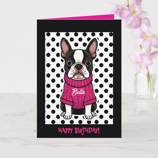 Carte Cute Boston Terrier personnalisé plié Anniversaire (Orchidée)