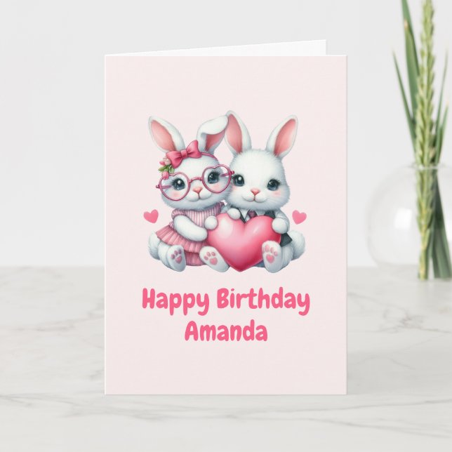 Carte Cute Bunnies Sharing a Heart Birthday (Devant)