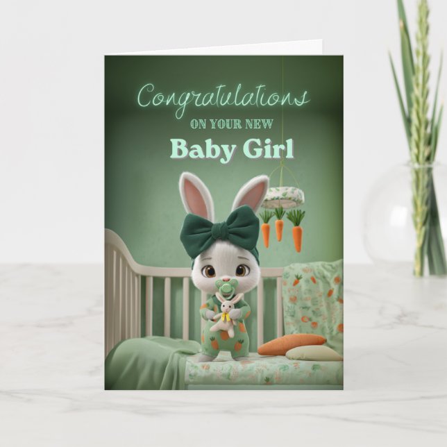 Carte Cute Bunny Baby in Green Congrats on New Baby Girl (Devant)