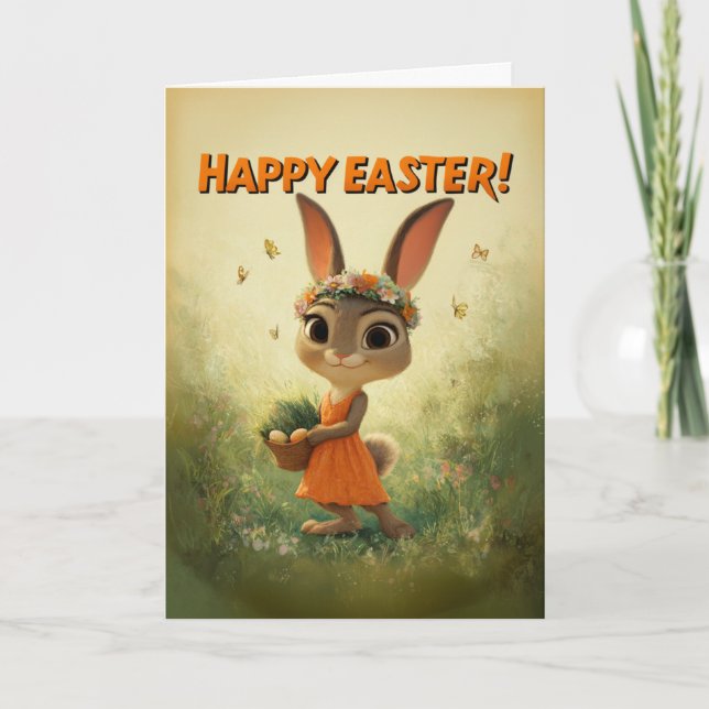 Carte Cute Bunny in Orange Dress with Easter Basket (Devant)