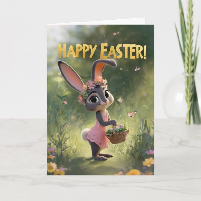 Carte Cute Bunny in Pink Dress With Easter Basket (Devant)