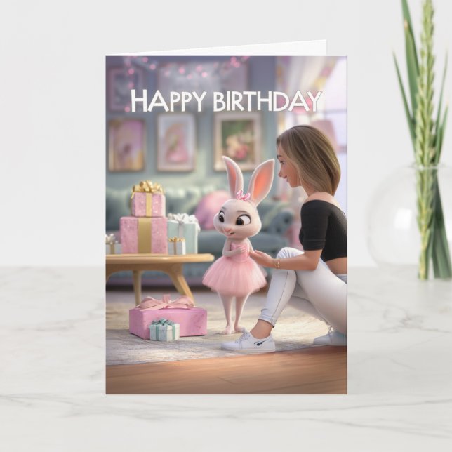 Carte Cute Bunny in Pink Dress with Gifts Happy Birthday (Devant)