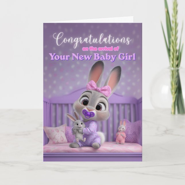 Carte Cute Bunny in Purple New Baby Girl Congratulations (Devant)