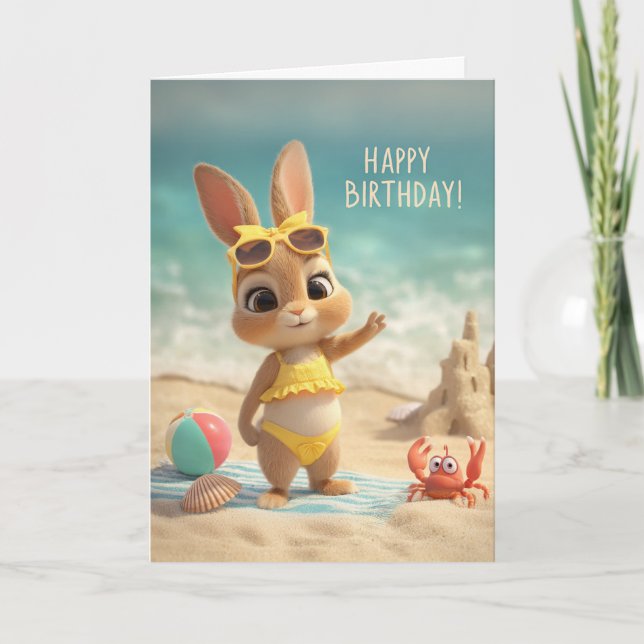 Carte Cute Bunny in Yellow Swimsuit Beach Birthday (Devant)