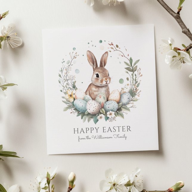 Carte Cute Bunny Oeufs Garland Wreath Personnalisé Pâque (Personalize with family name, editable message on reverse.  Matching items available)