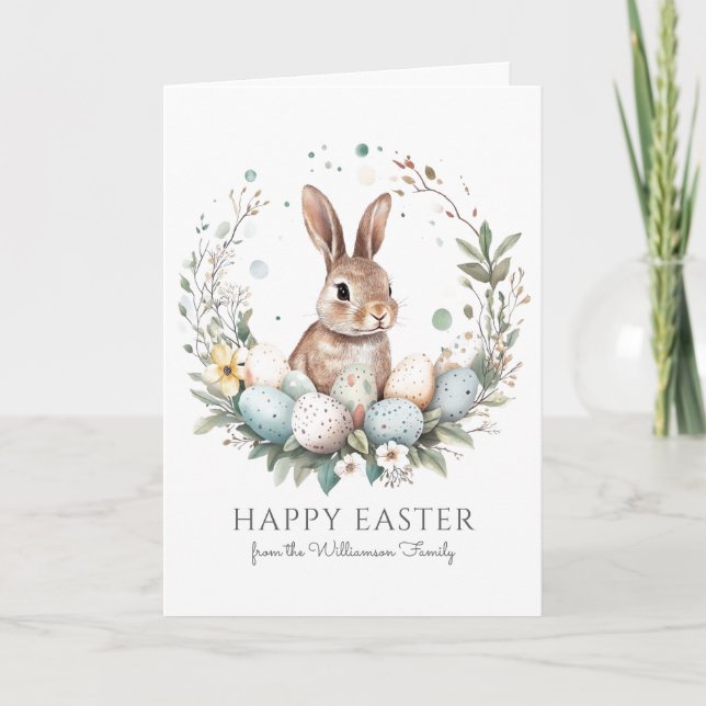 Carte Cute Bunny Oeufs Garland Wreath Personnalisé Pâque (Devant)