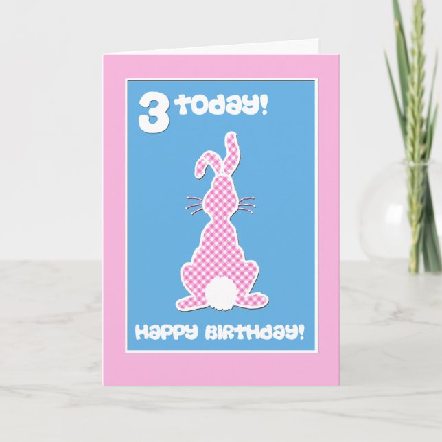 Carte Cute Bunny Rabbit on Pink Check 3rd Birthday (Devant)