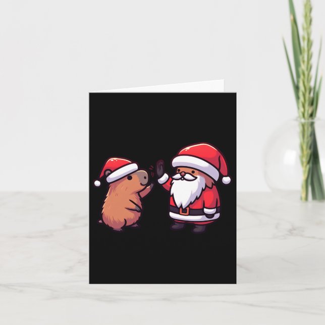 Carte Cute Capybara Et Père Noël Haut Cinq Noël (Devant)