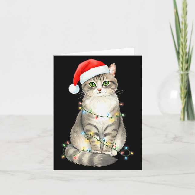 Carte Cute Cat Christmas Lights Santa Hat Snow Holiday A (Devant)