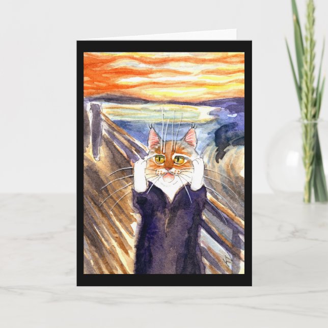 Carte Cute cat The Scream spoof green card (Devant)