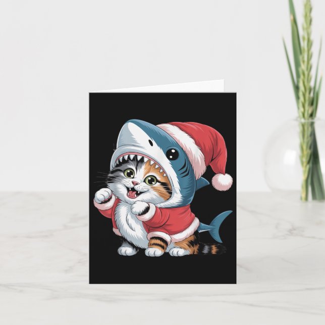 Carte Cute Chat En Costume De Requin Avec Noël De Chapea (Devant)