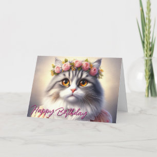 Carte Cute Chat en robe et couronne Anniversaire