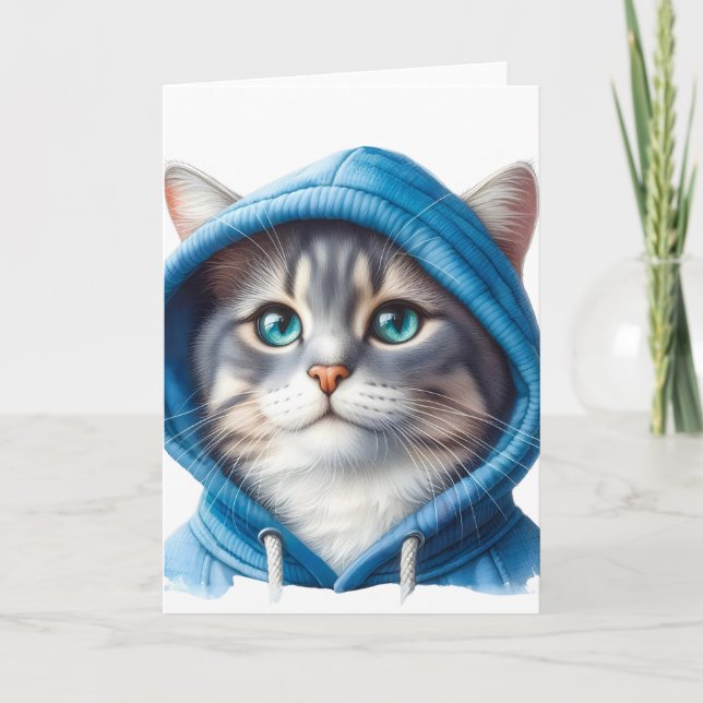 Carte Cute Chat en Sweat - shirt à capuche bleu Adorable (Devant)