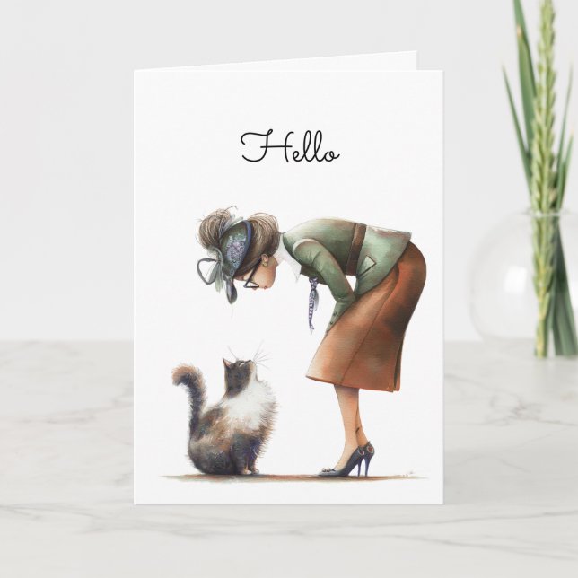 Carte Cute Chat et Lady Whimsical Bonjour salutation (Devant)