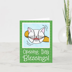 Carte Cute Chat Face Baseball Jour d'ouverture Bonne cha