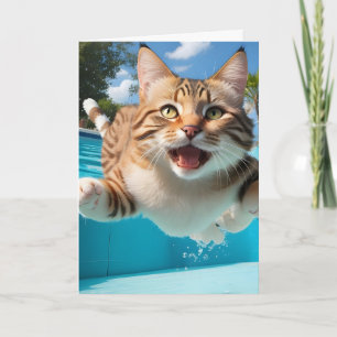 Carte Cute Chat Flying Piscine Plongée Funny Blank