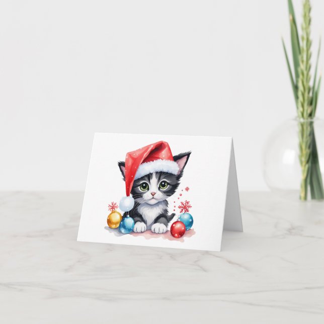 Carte Cute chat noir et blanc à Santa Hat Noël (Devant)