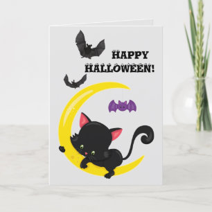 Carte Cute chat noir et lune enfants Halloween
