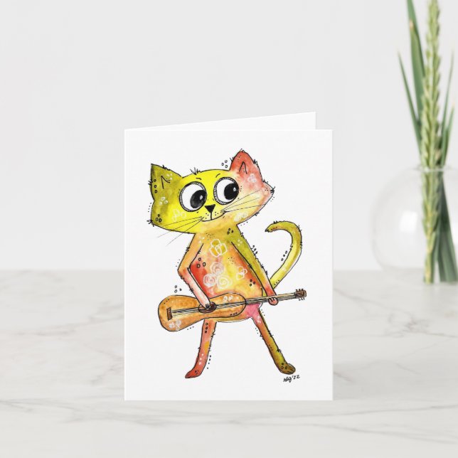 Carte Cute Chat Whimsical Jouer Guitare (Devant)