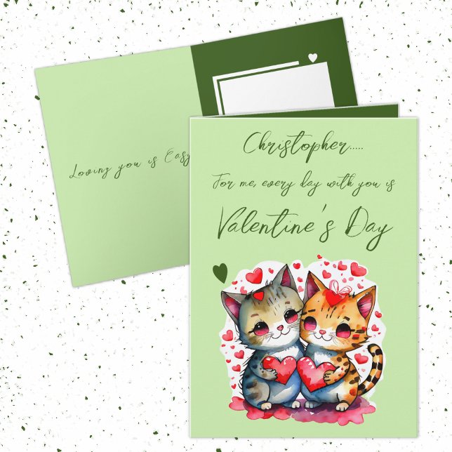 Carte Cute chats nom personnalisé vert Saint-Valentin (Créateur téléchargé)