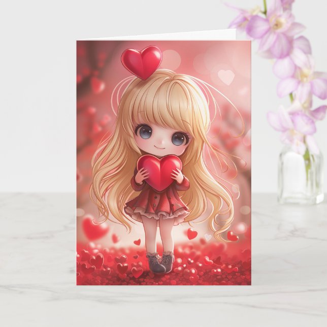 Carte Cute Chibi Blonde tenir un coeur (Orchidée)