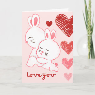 Carte Cute Chibi Rabbit Couple Scribble Coeur Valentines