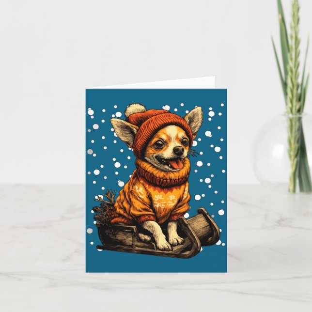Carte Cute Christmas Chihuahua Sledding In Snow Funny Wi (Devant)