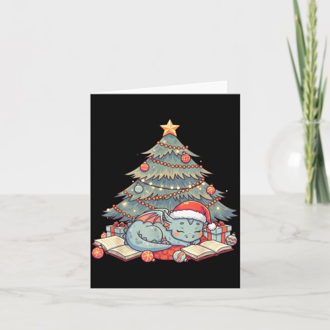 Carte Cute Christmas Dragon Sleeng Under Tree Books Love (Devant)