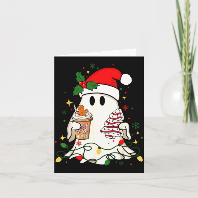 Carte Cute Christmas Ghost Coffee Tree Cake Xmas Lights  (Devant)