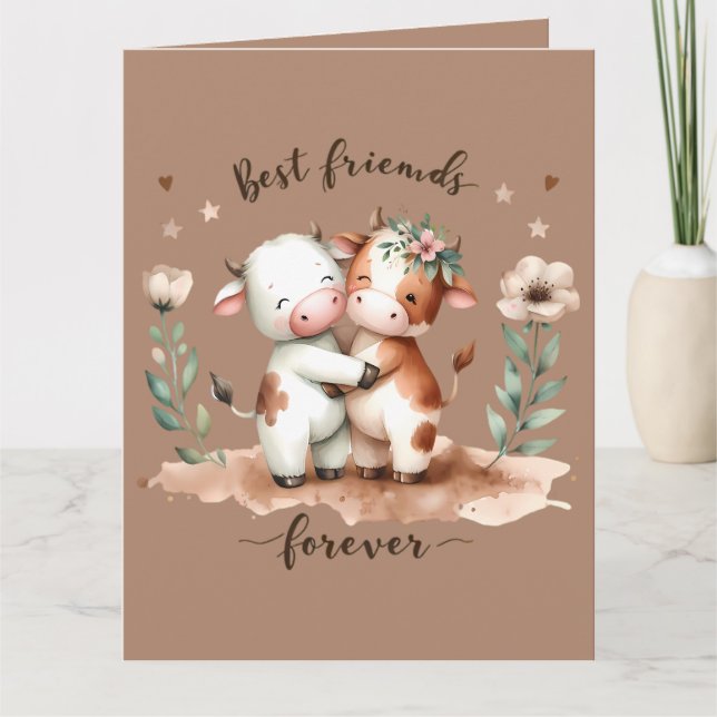 Carte Cute Cow Meilleurs amis Hug Floral Art (Devant)