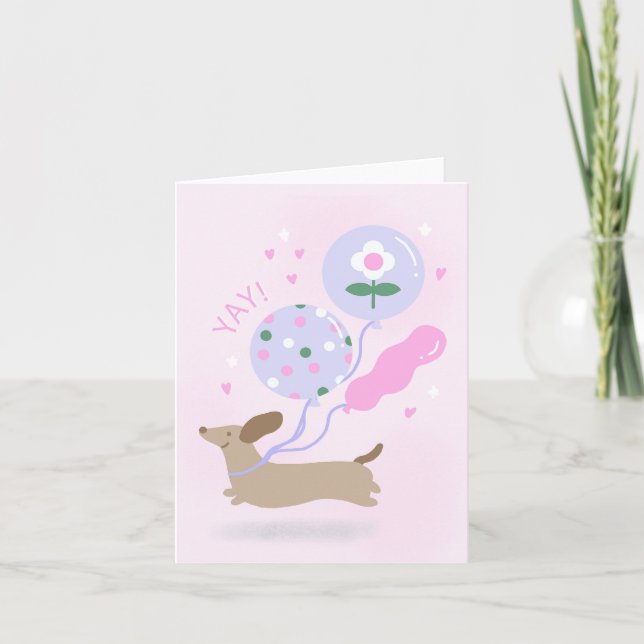 Carte Cute Dachshund Anniversaire Yay Félicats Balloons  (Devant)