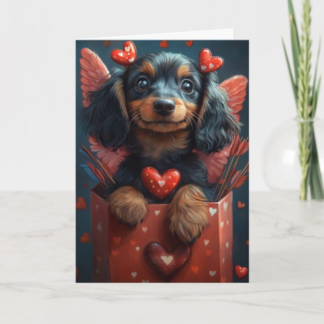Carte Cute Dachshund en costume cupide Saint Valentin (Devant)