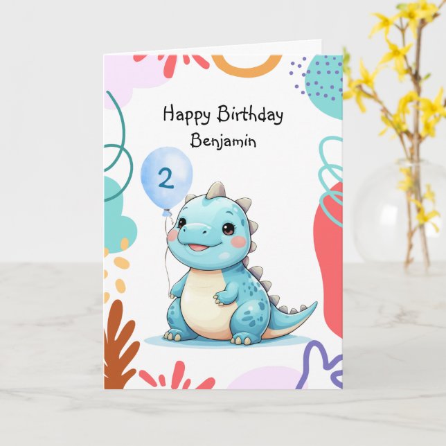 Carte Cute Dinosaur sauvage garçon Bonne fête d'annivers (Fleur jaune)