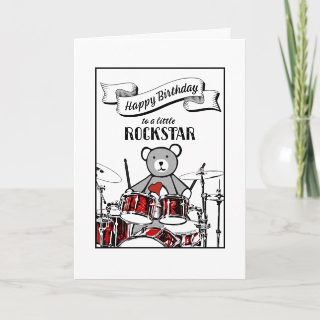 Carte Cute Drummer Teddy Rockstar Rock & Roll Anniversai (Devant)