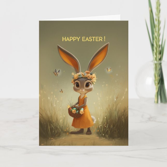 Carte Cute Easter Bunny in Orange Dress w/ Basket (Devant)