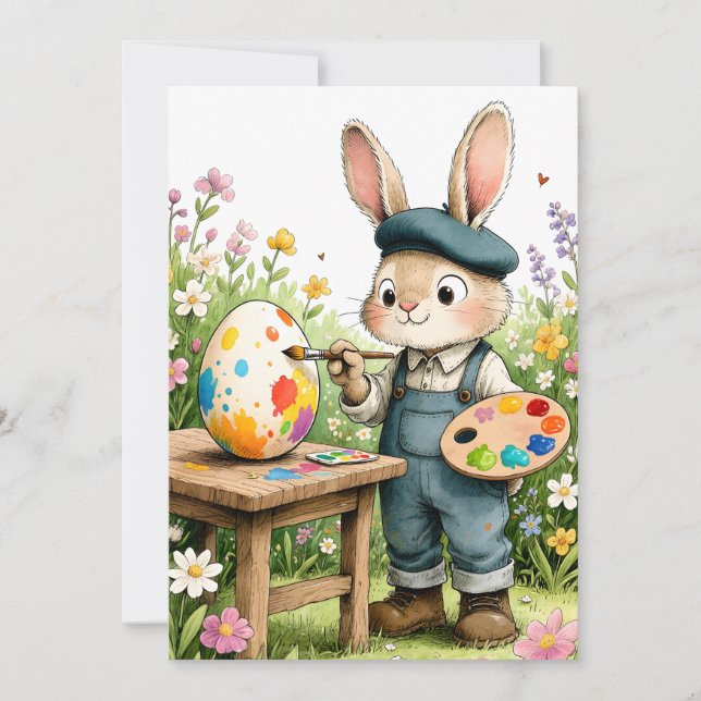 Carte Cute Easter Bunny Painting Egg Whimsical Flat (Devant)