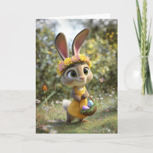 Carte Cute Easter Bunny w/ Flower Crown & Basket of Eggs (Devant)