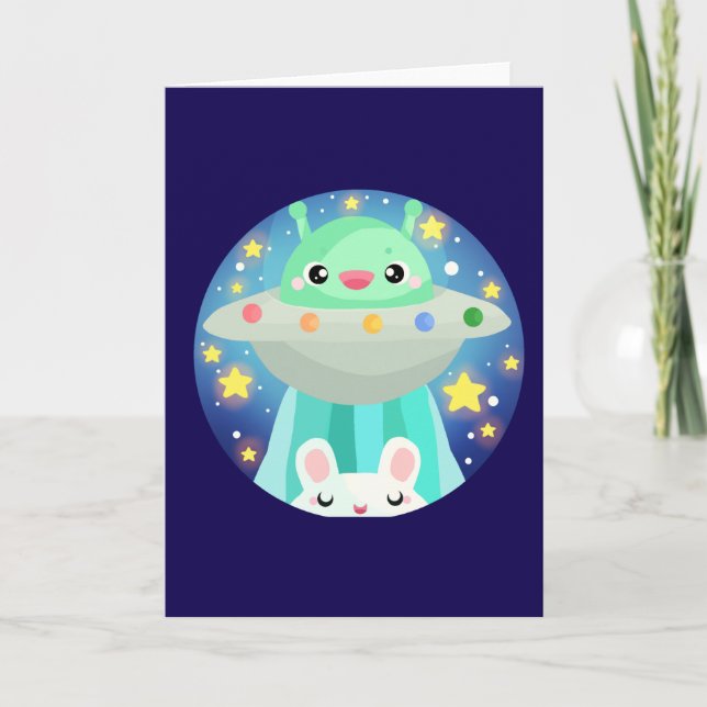 Carte Cute Espace Créature Et Lapin Lapin Lapin (Devant)