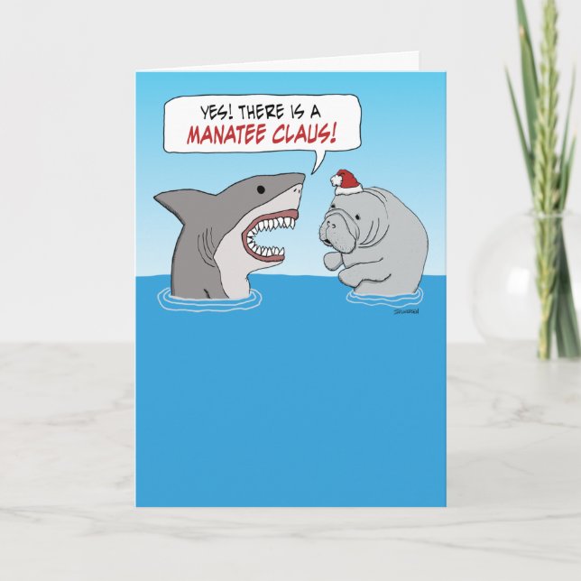 Carte Cute et drôle requin et Manatee Claus Noël (Devant)