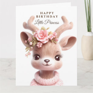 Carte Cute faon, cerf de bébé en robe rose avec fleurs