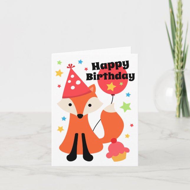 Carte Cute fox with balloon cupcake star joythday (Devant)