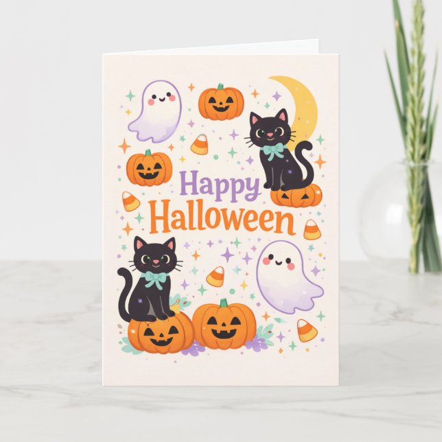 Carte Cute Friendly Cats Ghosts Pumpkins Halloween  (Devant)