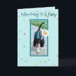 Carte Cute & Funny Basset on Birthday Card W/Cake<br><div class="desc">Cute & Funny Basset Hound Going To A Party on Birthday Card W/Cake</div>