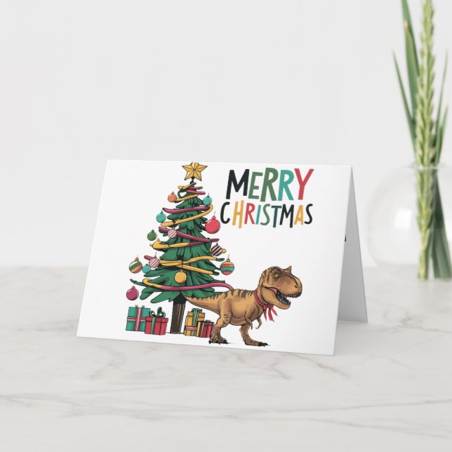 Carte Cute Funny T-rex Dinosaur et sapin de Noël (Devant)