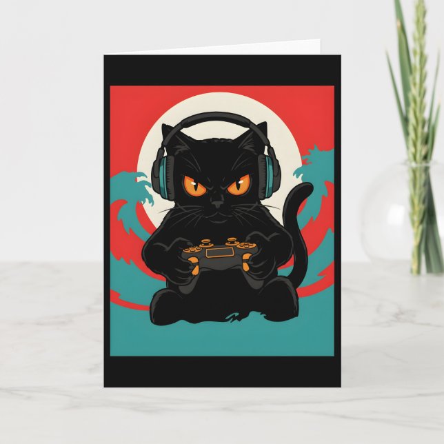 Carte Cute Gamer Cat Headset Retro Console Night Scene (Devant)