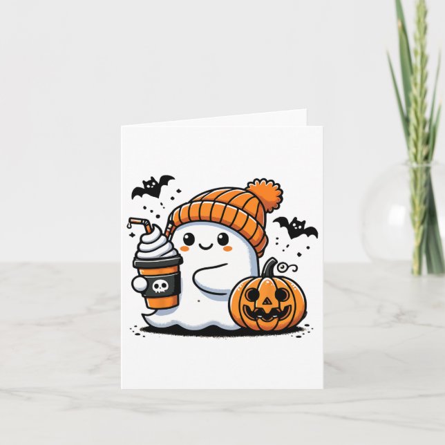 Carte Cute Ghost Boire Café Halloween Amateurs de café (Devant)