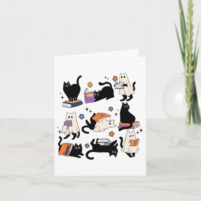 Carte Cute Ghost Chat Lecture Livres Lover Bookish Hallo (Devant)