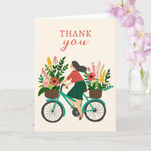Carte Cute Girl équitation Vélo avec Fleurs MERCI